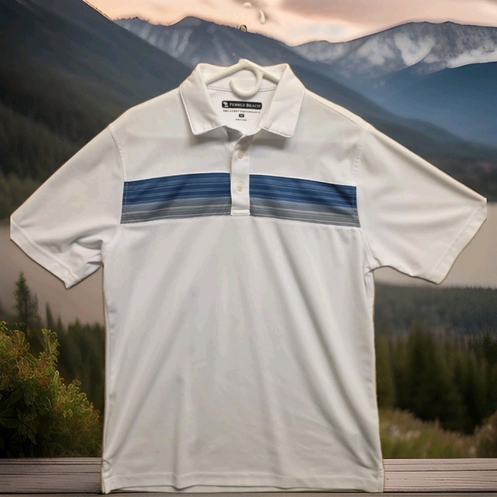 Pebble Beach Mens Dry-Luxe‎ Performance Polo Shirt White Blue Stripe Golf Medium
